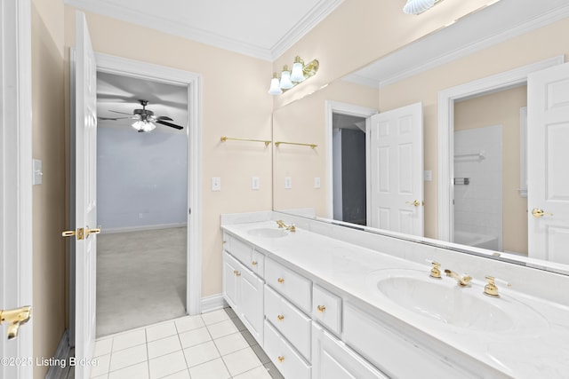 bathroom featuring tile patterned flooring, vanity, ceiling fan, bathtub / shower combination, and crown molding