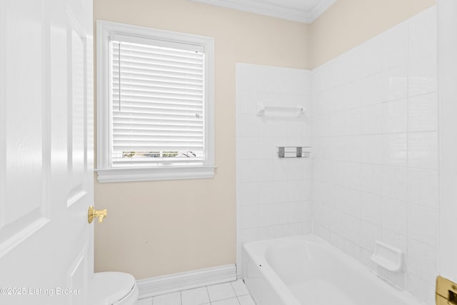 bathroom featuring toilet, shower / bathtub combination, tile patterned flooring, and crown molding