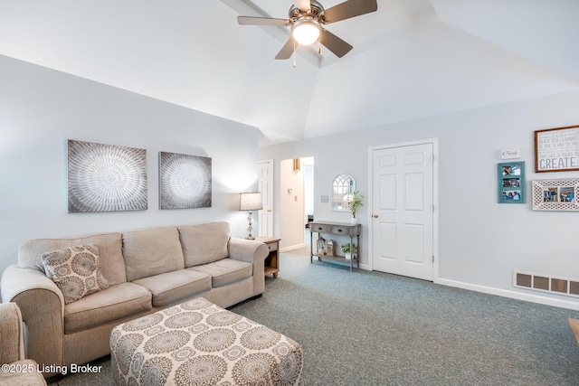 carpeted living room with ceiling fan and lofted ceiling