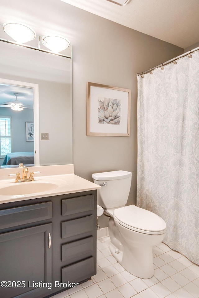 bathroom with ceiling fan, tile patterned floors, toilet, and vanity