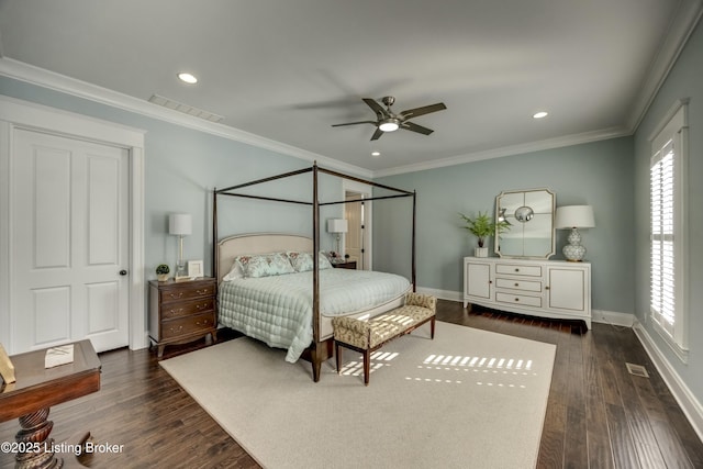 bedroom with baseboards, crown molding, visible vents, and dark wood-style flooring