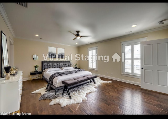 bedroom with baseboards, dark wood finished floors, crown molding, and recessed lighting