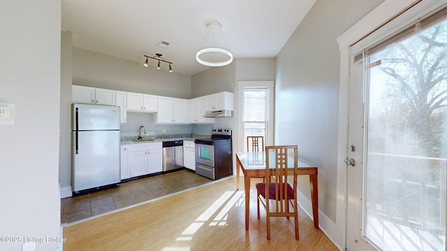 kitchen featuring white cabinets, stainless steel appliances, plenty of natural light, sink, and backsplash