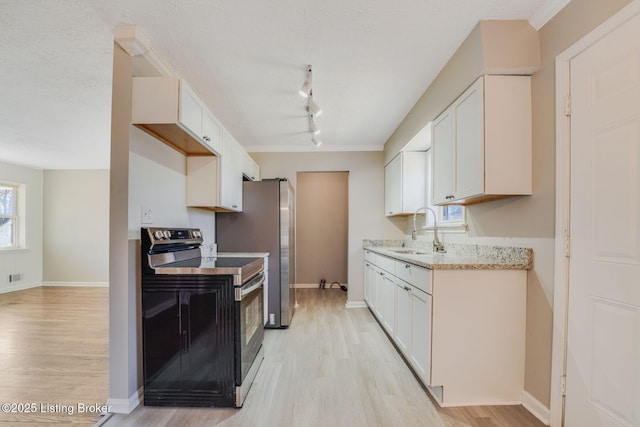 kitchen featuring sink, light hardwood / wood-style flooring, a textured ceiling, white cabinets, and stainless steel electric stove