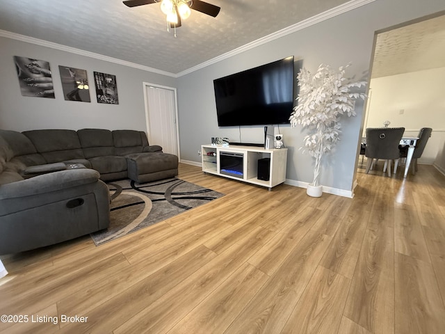 living room with crown molding, ceiling fan, a textured ceiling, and light wood-type flooring