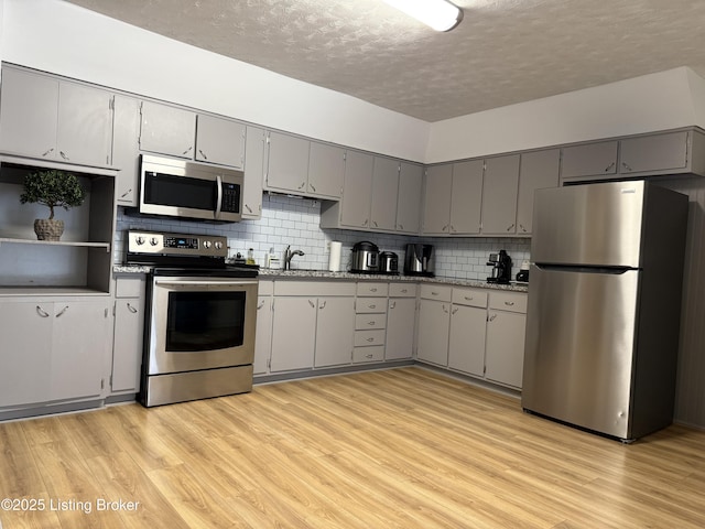 kitchen featuring gray cabinetry, light hardwood / wood-style floors, a textured ceiling, and appliances with stainless steel finishes