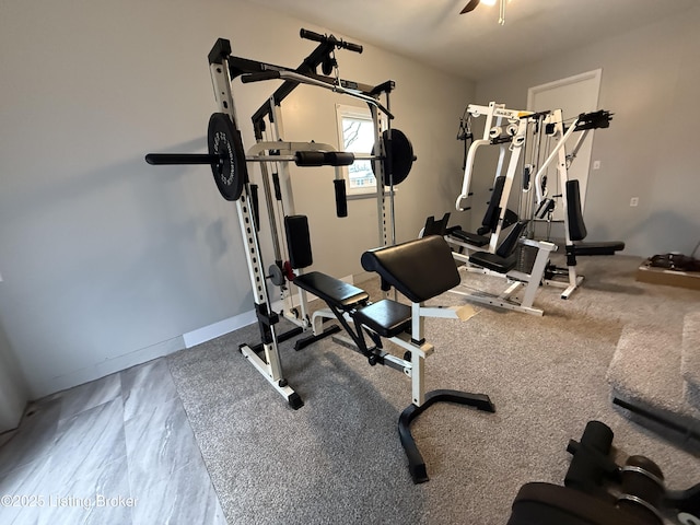 exercise room featuring ceiling fan