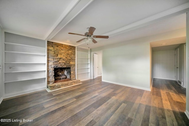 8923 La Costa Rd, Jeffersontown, KY 40299 - unfurnished living room featuring ceiling fan, baseboards, wood finished floors, built in shelves, and beam ceiling