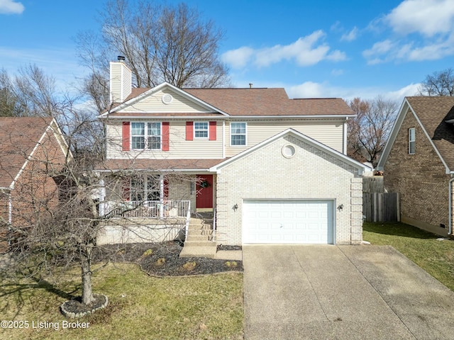 traditional home with a porch, a garage, brick siding, concrete driveway, and a chimney