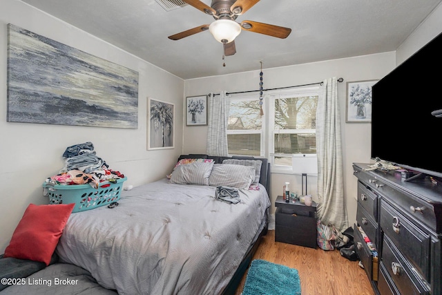 bedroom featuring ceiling fan and light hardwood / wood-style flooring