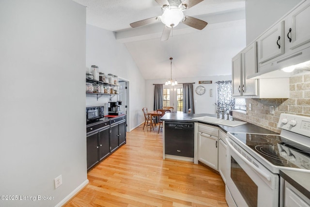 kitchen with pendant lighting, black appliances, white cabinetry, tasteful backsplash, and light wood-type flooring