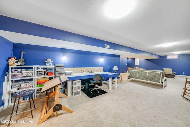 interior space featuring a textured ceiling and carpet floors