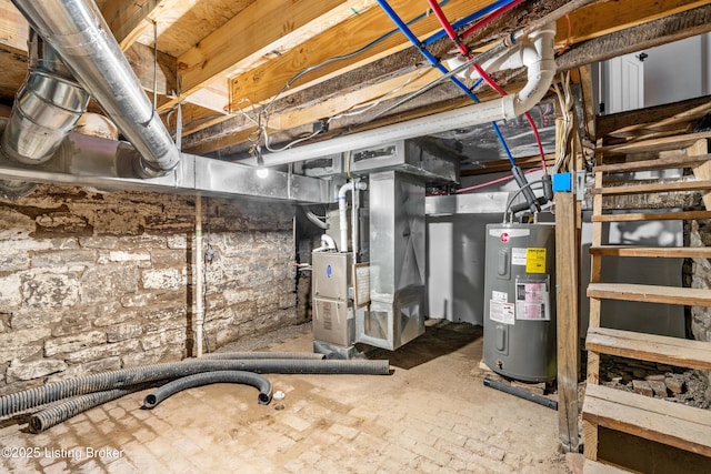 basement with electric water heater and heating unit