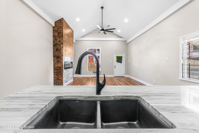 details featuring ceiling fan, sink, and hardwood / wood-style flooring