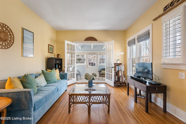 living room featuring wood-type flooring and french doors