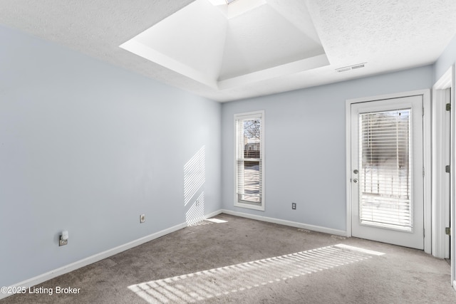 carpeted empty room with a textured ceiling, a skylight, a healthy amount of sunlight, and a raised ceiling