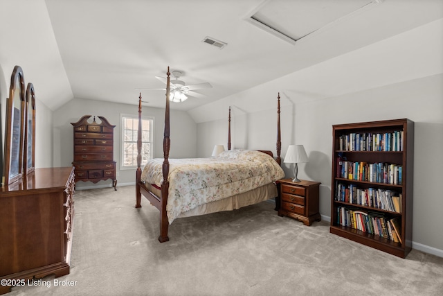 carpeted bedroom featuring ceiling fan and lofted ceiling