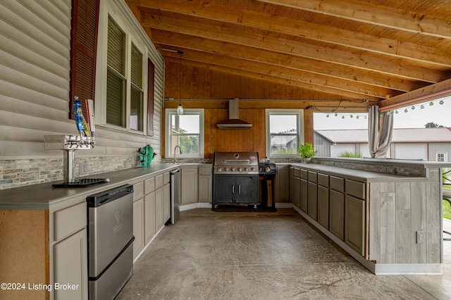 kitchen with wooden ceiling, wall chimney range hood, a wealth of natural light, and hanging light fixtures