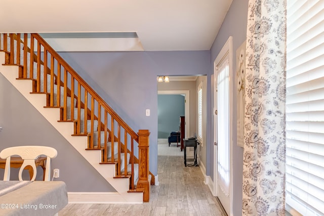 stairway with hardwood / wood-style floors