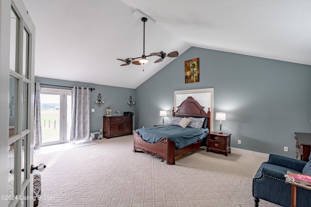 carpeted bedroom featuring ceiling fan, access to exterior, and vaulted ceiling