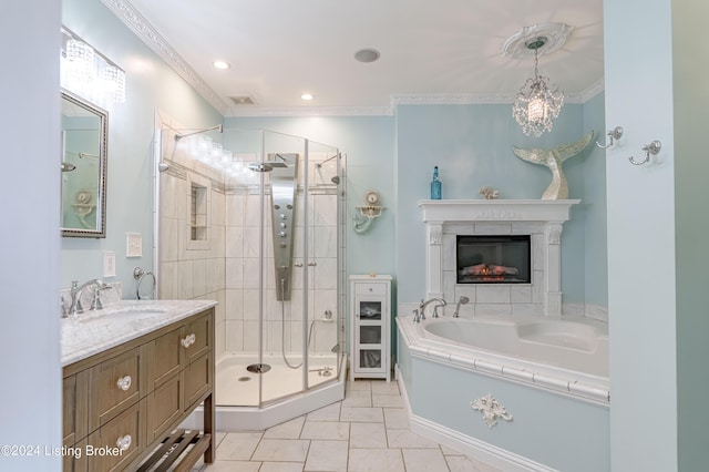 bathroom featuring vanity, ornamental molding, independent shower and bath, and tile patterned flooring