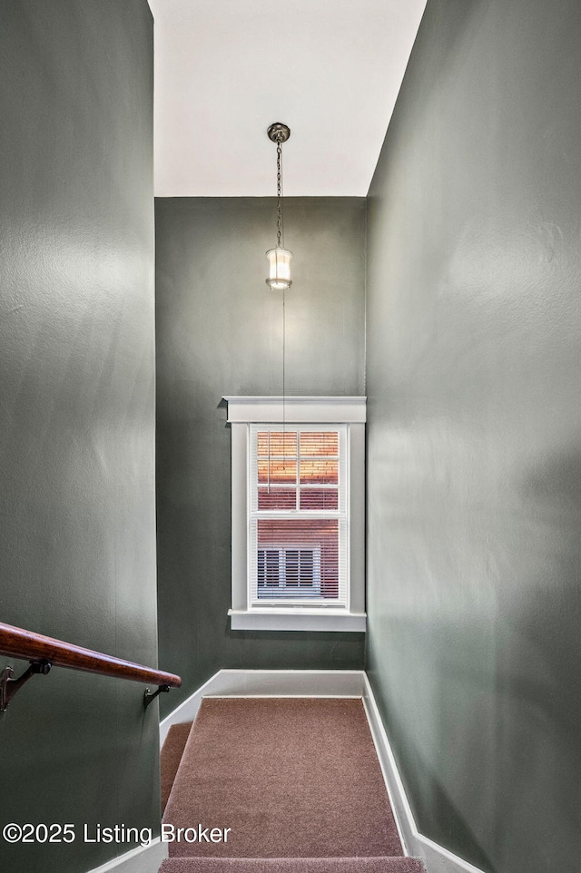 stairs featuring baseboards and carpet flooring