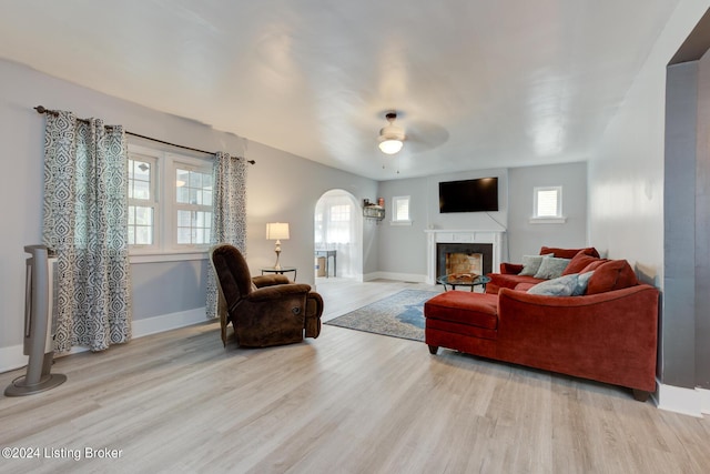 living room featuring ceiling fan and light hardwood / wood-style floors