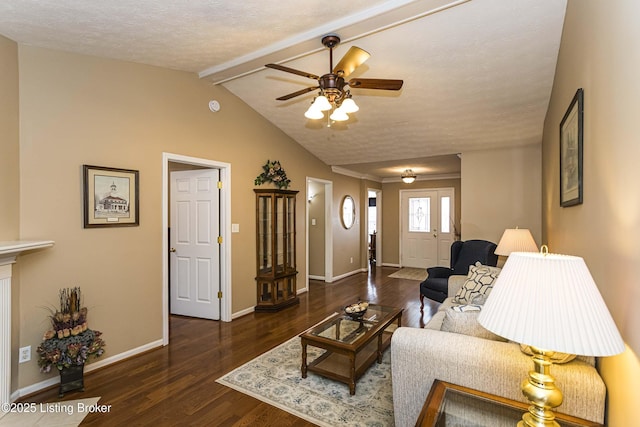 living room with a textured ceiling, vaulted ceiling with beams, ceiling fan, and dark hardwood / wood-style flooring