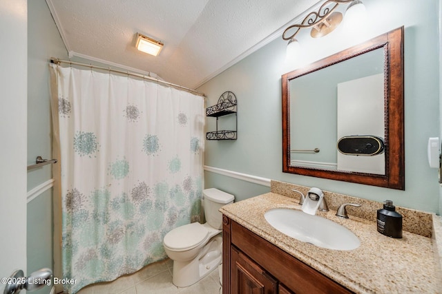 bathroom featuring tile patterned floors, toilet, crown molding, a textured ceiling, and vanity