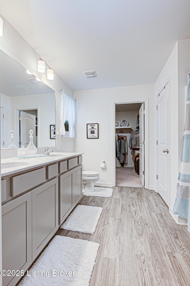 bathroom with vanity, wood-type flooring, and toilet