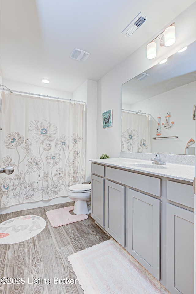 bathroom featuring vanity, hardwood / wood-style floors, and toilet