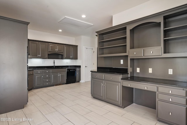 kitchen featuring black dishwasher, dark countertops, open shelves, a sink, and recessed lighting