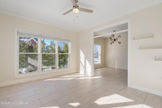 unfurnished living room with ornamental molding, ceiling fan with notable chandelier, and light tile patterned floors