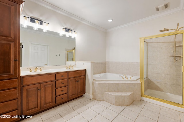 bathroom with shower with separate bathtub, ornamental molding, and tile patterned floors