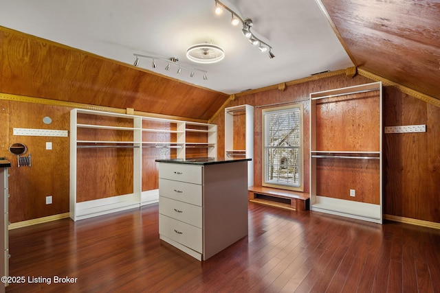 walk in closet with vaulted ceiling and dark wood finished floors