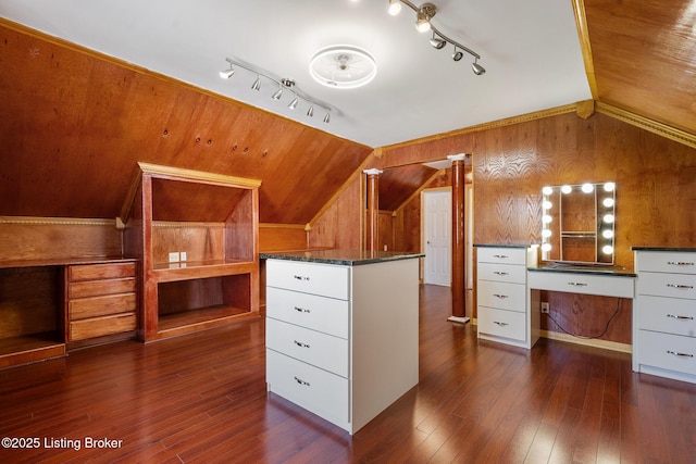 walk in closet with lofted ceiling and dark wood-style flooring