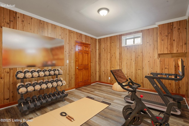 exercise room with crown molding, wood walls, and light hardwood / wood-style flooring