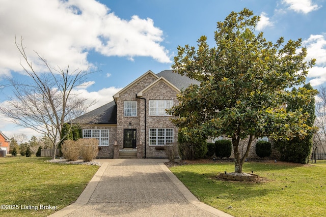 traditional-style home featuring fence, a front lawn, and brick siding