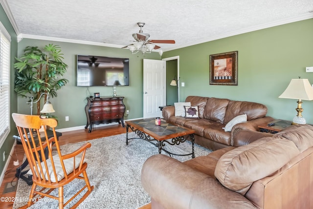 living room featuring hardwood / wood-style flooring, a textured ceiling, ornamental molding, and ceiling fan