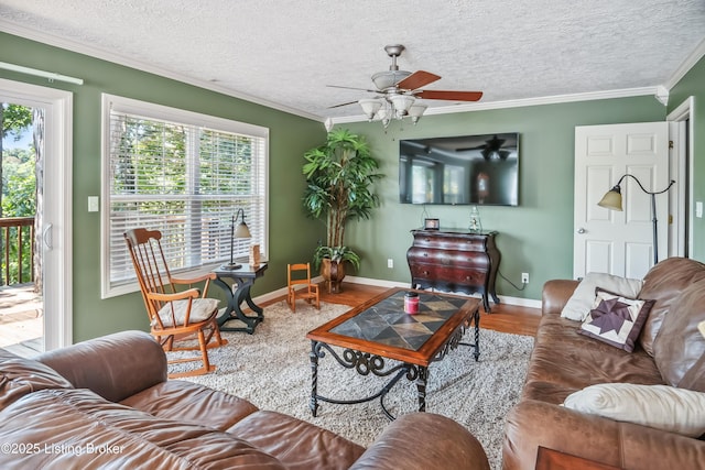 living room with ceiling fan, a textured ceiling, hardwood / wood-style flooring, and ornamental molding