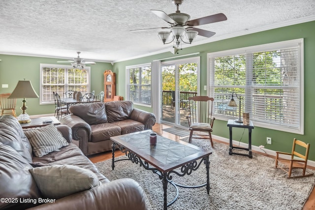 living room featuring a textured ceiling, ceiling fan, ornamental molding, and hardwood / wood-style flooring