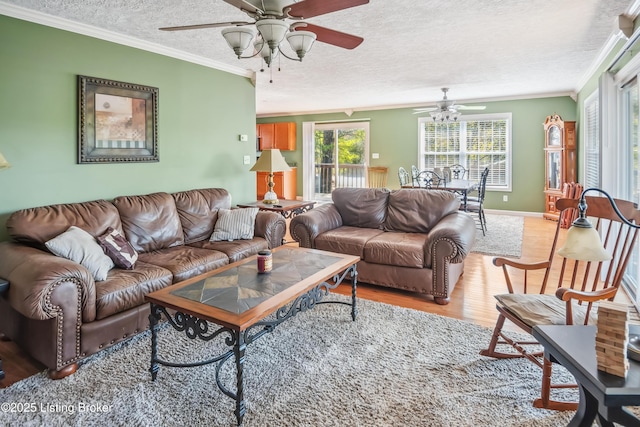 living room with ceiling fan, a textured ceiling, light hardwood / wood-style flooring, and ornamental molding