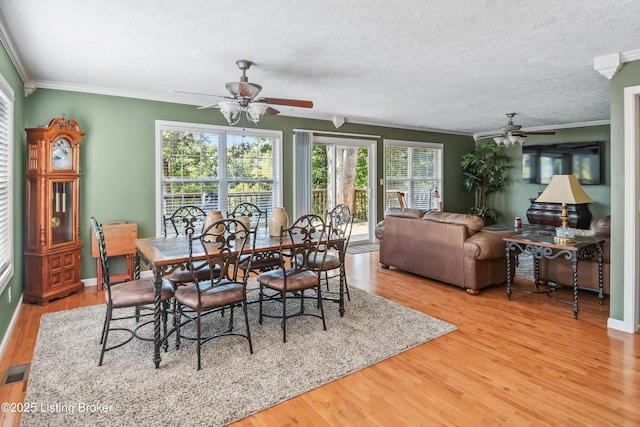 dining room with hardwood / wood-style flooring, plenty of natural light, a textured ceiling, and ornamental molding