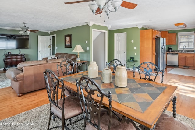 dining room featuring a textured ceiling, crown molding, light hardwood / wood-style flooring, and sink