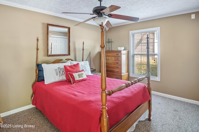 bedroom with a textured ceiling, ceiling fan, carpet, and crown molding