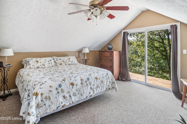 carpeted bedroom featuring ceiling fan, a textured ceiling, access to outside, and vaulted ceiling