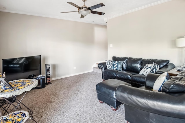 carpeted living room featuring ceiling fan and ornamental molding