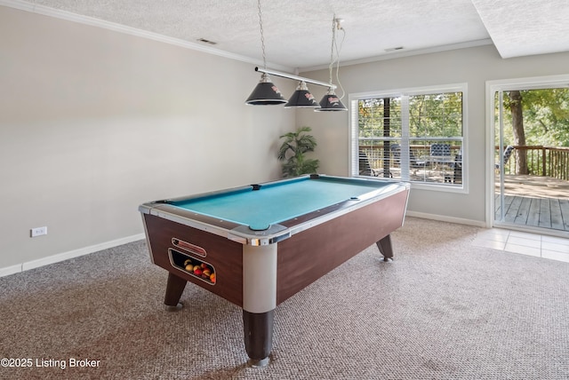 playroom with light colored carpet, billiards, crown molding, and a textured ceiling