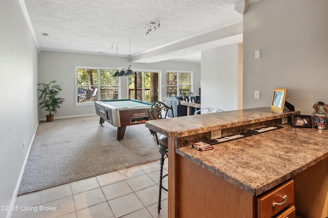 game room with light carpet, billiards, crown molding, and a textured ceiling