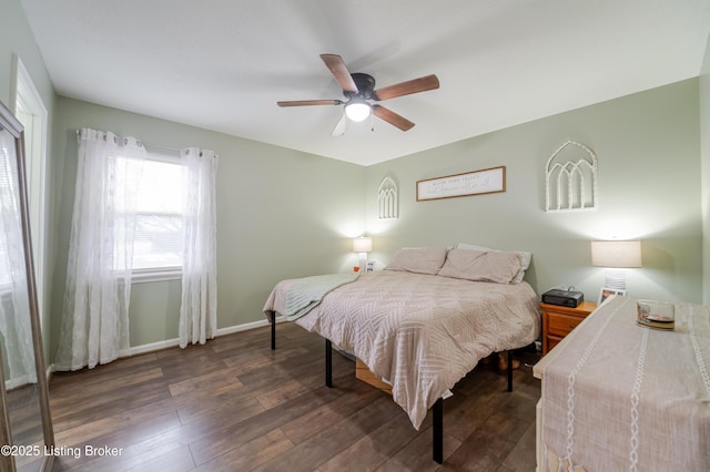 bedroom featuring ceiling fan and dark hardwood / wood-style flooring